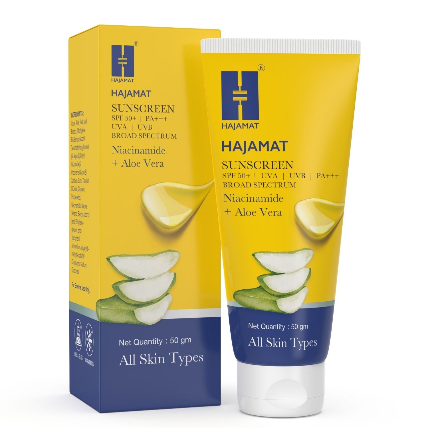 Hajamat Sunscreen SPF 50 PA+++ with Niacinamide and Aloe Vera (50 gm)