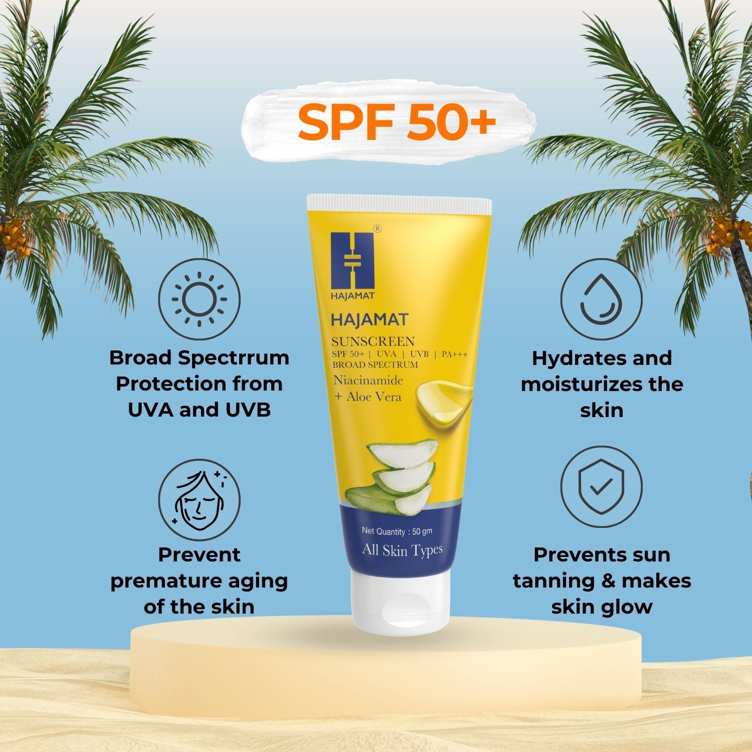 Hajamat Sunscreen SPF 50 PA+++ with Niacinamide and Aloe Vera (50 gm)