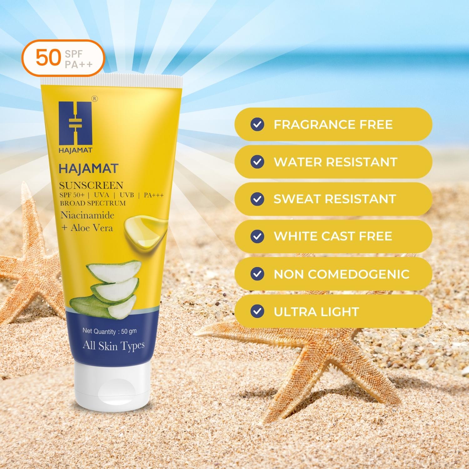 Hajamat Sunscreen SPF 50 PA+++ with Niacinamide and Aloe Vera (50 gm)