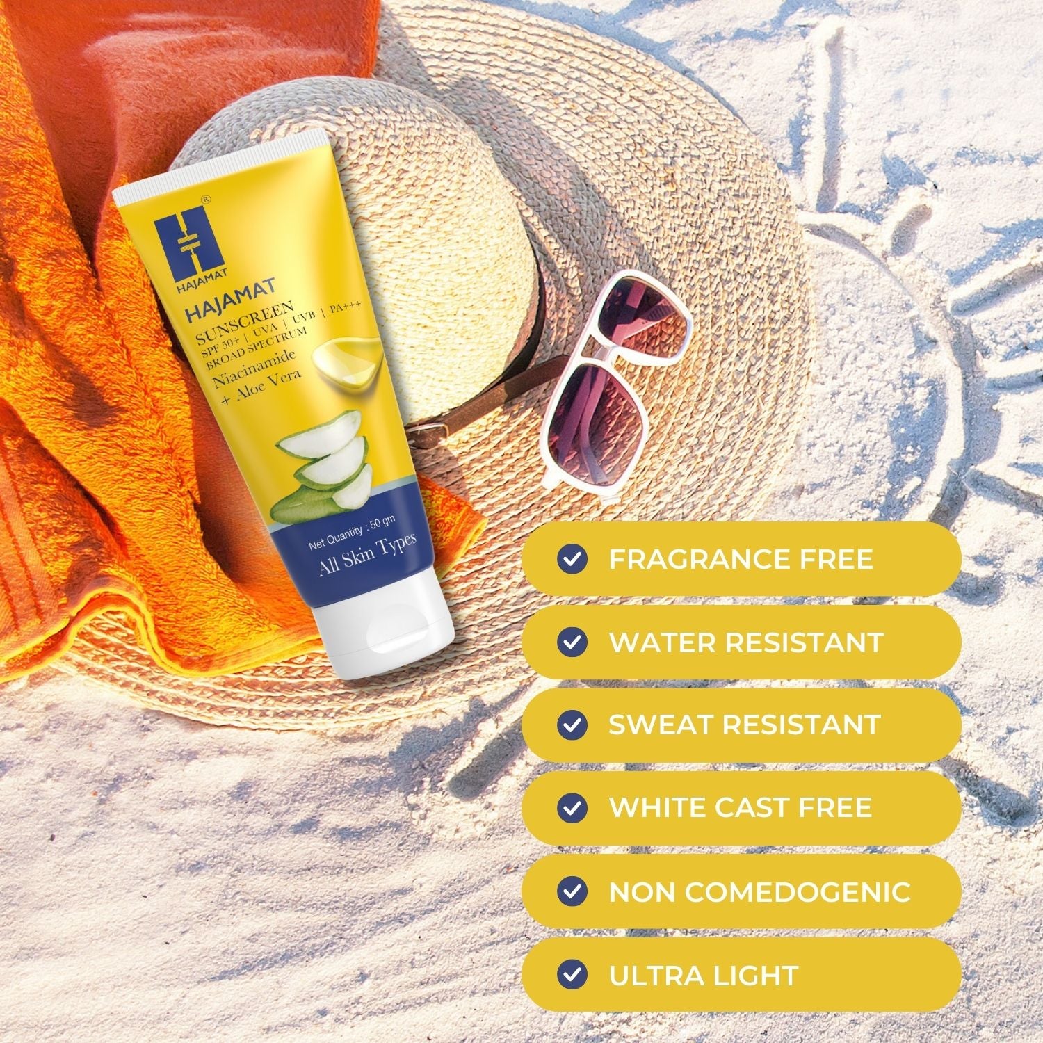 Hajamat Sunscreen SPF 50 PA+++ with Niacinamide and Aloe Vera (50 gm)