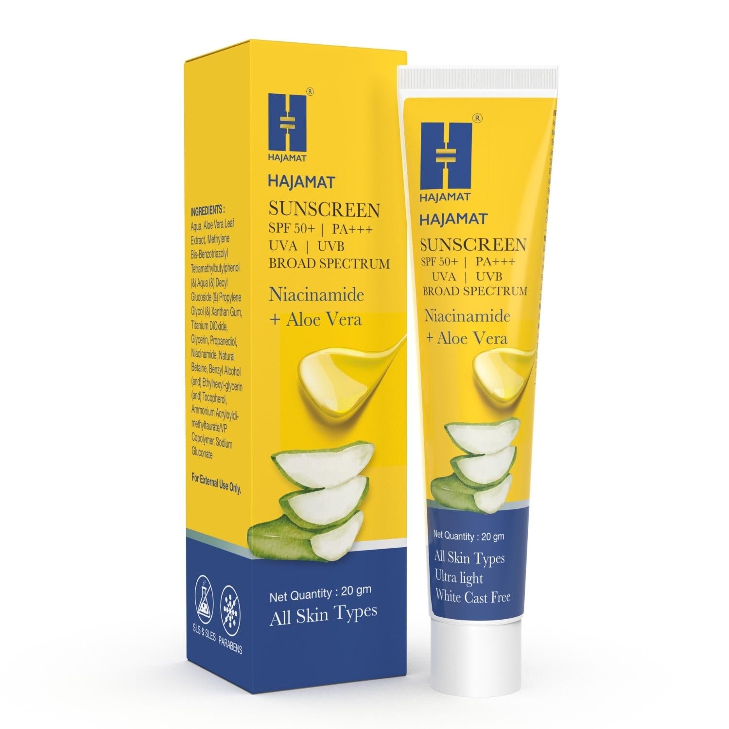 Hajamat Sunscreen SPF 50 PA+++ with Niacinamide and Aloe Vera (20 gm)