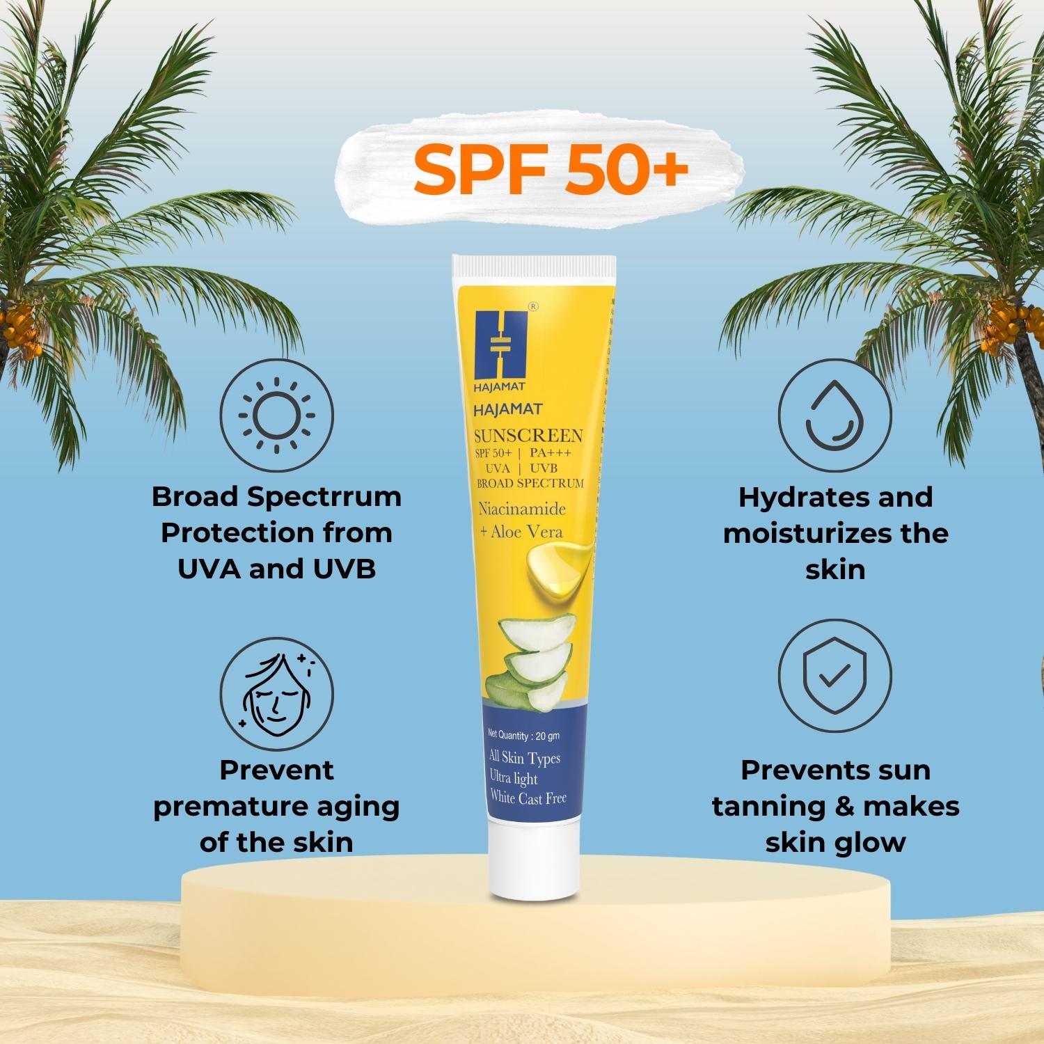 Hajamat Sunscreen SPF 50 PA+++ with Niacinamide and Aloe Vera (20 gm)