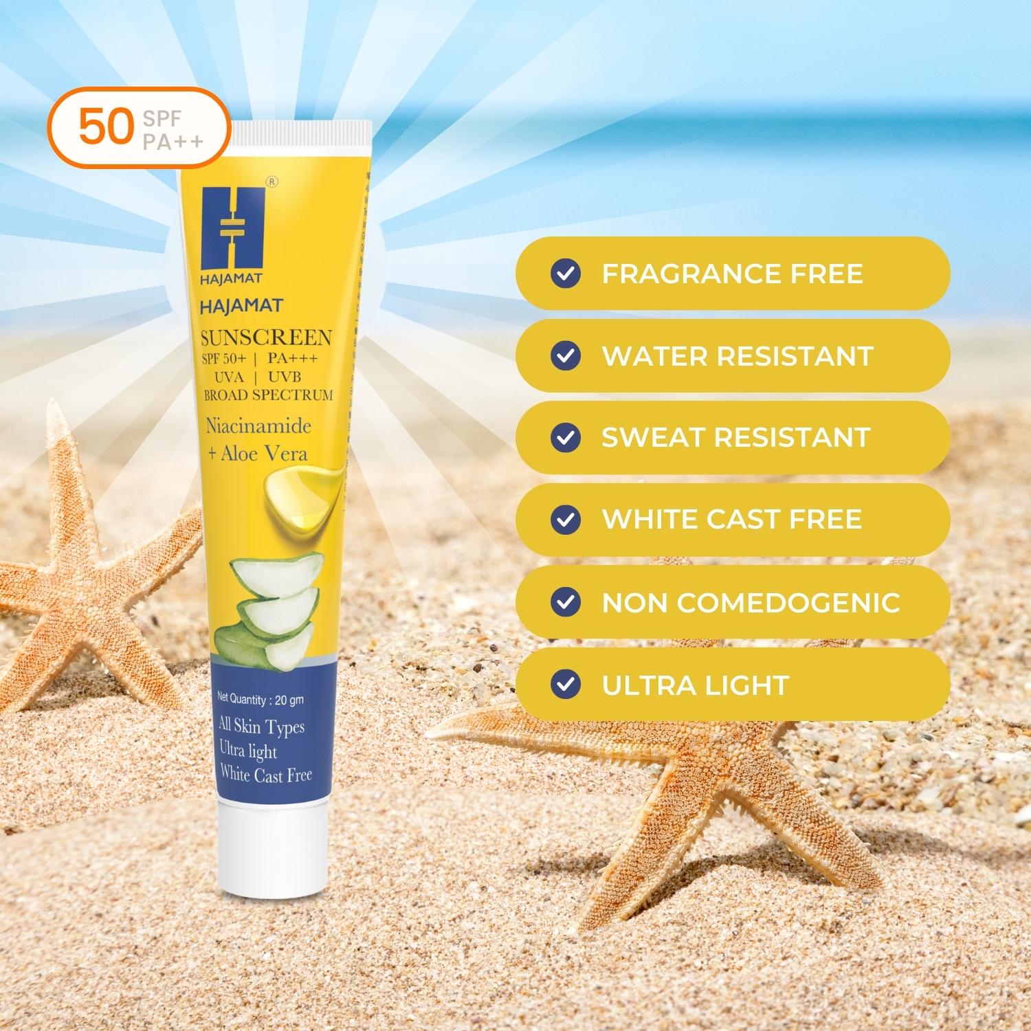 Hajamat Sunscreen SPF 50 PA+++ with Niacinamide and Aloe Vera (20 gm)